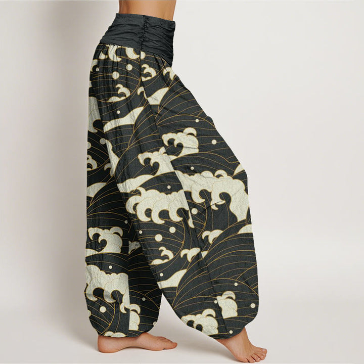 Pantaloni harem da donna con elastico in vita, motivo a onde astratte casual in cotone con Buddha Stones - image 1