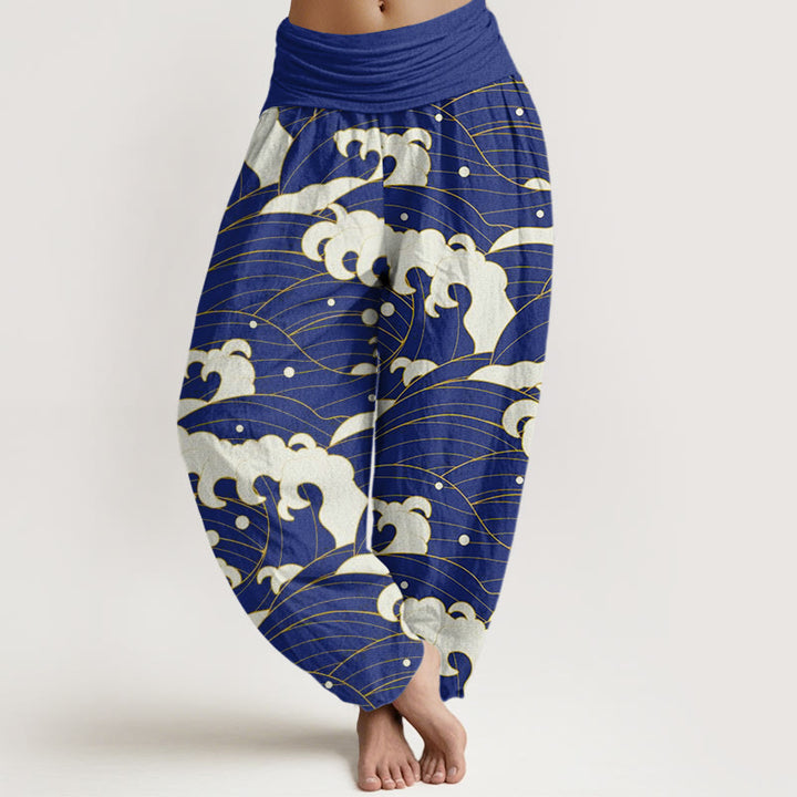 Pantaloni harem da donna con elastico in vita e motivo a onde astratte casual Buddha Stones - Blu medio - US22, UK/AU26, EU54 (6XL) - image 8
