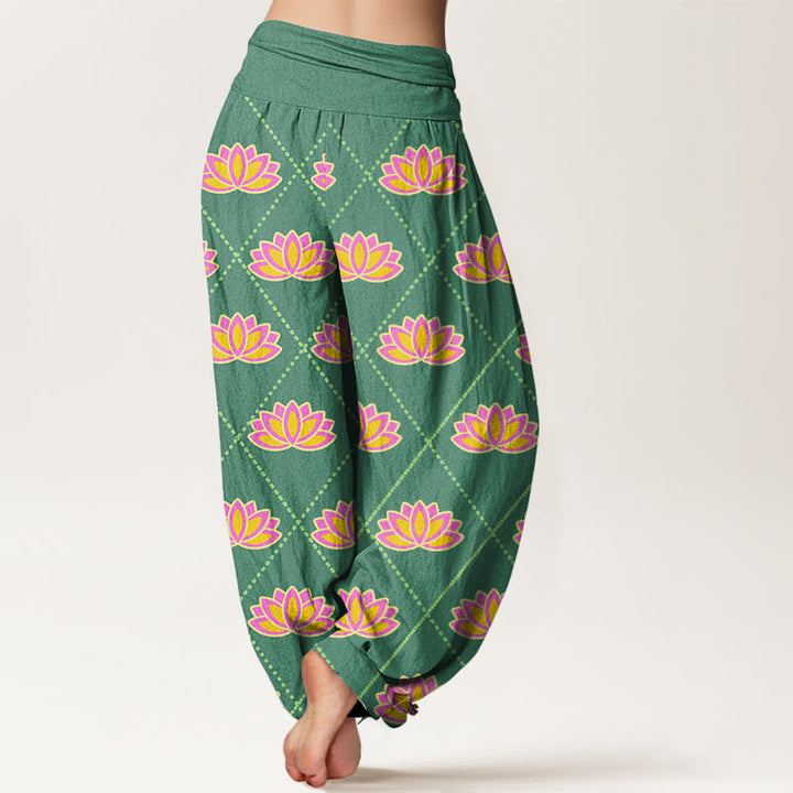 Pantaloni harem da donna con elastico in vita e motivo a fiori di loto, casual e vibranti, Buddha Stones - image 3