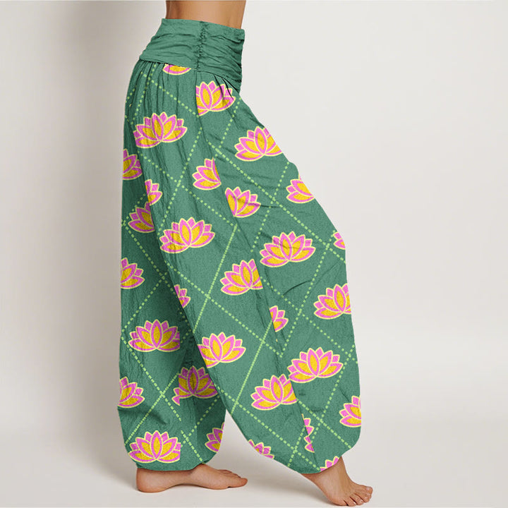 Pantaloni harem da donna con elastico in vita e motivo a fiori di loto, casual e vibranti, Buddha Stones - image 2