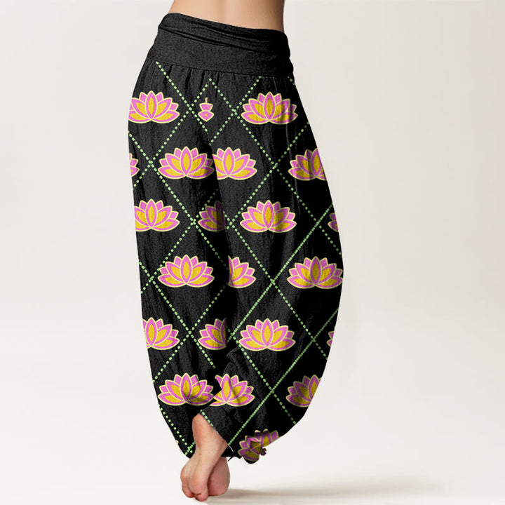 Pantaloni harem da donna con elastico in vita e motivo a fiori di loto, casual e vibranti, Buddha Stones - image 7