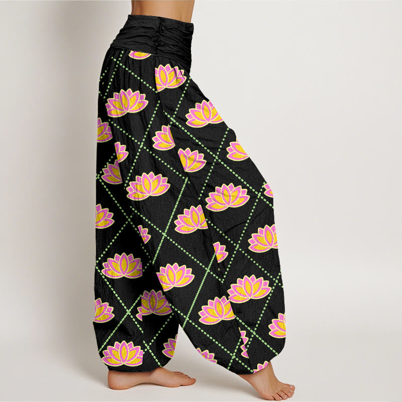 Pantaloni harem da donna con elastico in vita e motivo a fiori di loto, casual e vibranti, Buddha Stones - image 6