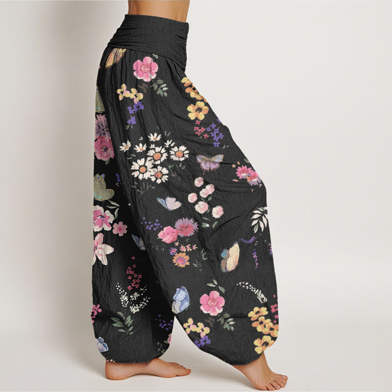 Pantaloni harem da donna con elastico in vita, motivo a farfalla, in cotone, casual, con fiori colorati e pietre Buddha Stones - image 1