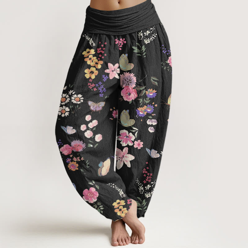 Pantaloni harem da donna con elastico in vita, motivo a farfalla, in cotone, casual, con fiori colorati e pietre Buddha Stones - Nero - US22, UK/AU26, EU54 (6XL) - image 0