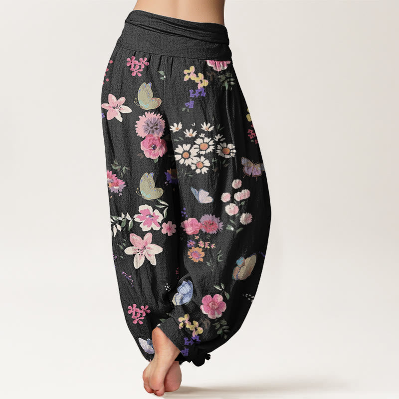 Pantaloni harem da donna con elastico in vita, motivo a farfalla, in cotone, casual, con fiori colorati e pietre Buddha Stones - image 2