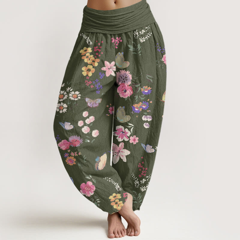 Pantaloni harem da donna con elastico in vita, motivo a farfalla, motivo floreale colorato casual Buddha Stones - Verde oliva scuro - US22, UK/AU26, EU54 (6XL) - image 5