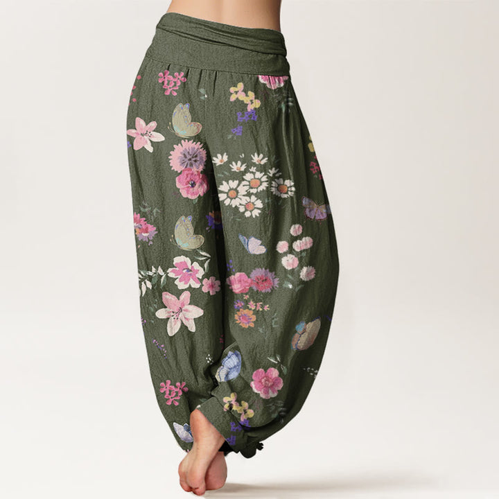 Pantaloni harem da donna con elastico in vita, motivo a farfalla, in cotone, casual, con fiori colorati e pietre Buddha Stones - image 6