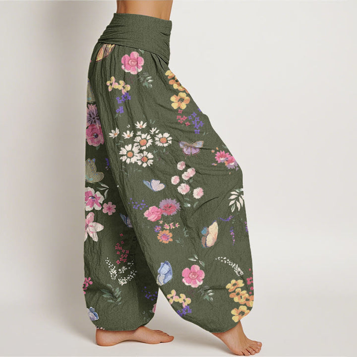 Pantaloni harem da donna con elastico in vita, motivo a farfalla, in cotone, casual, con fiori colorati e pietre Buddha Stones - image 5