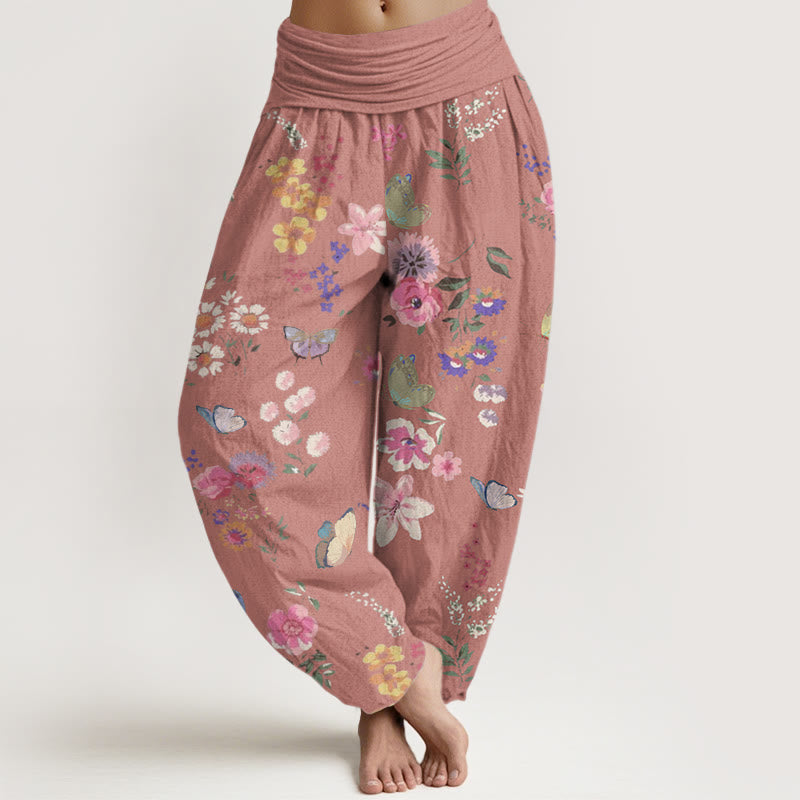 Pantaloni harem da donna con elastico in vita, motivo a farfalla, in cotone, casual, con fiori colorati e pietre Buddha Stones - RossoViolaPale - US22, UK/AU26, EU54 (6XL) - image 7