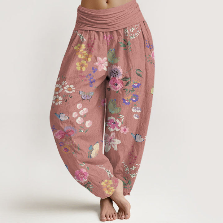 Pantaloni harem da donna con elastico in vita, motivo a farfalla, in cotone, casual, con fiori colorati e pietre Buddha Stones - RossoViolaPale - US22, UK/AU26, EU54 (6XL) - image 7