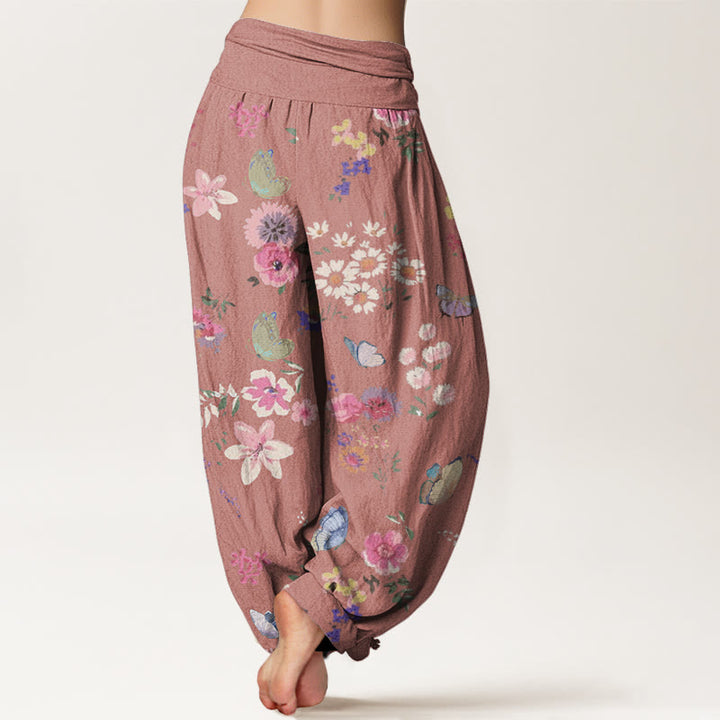 Pantaloni harem da donna con elastico in vita, motivo a farfalla, in cotone, casual, con fiori colorati e pietre Buddha Stones - image 9
