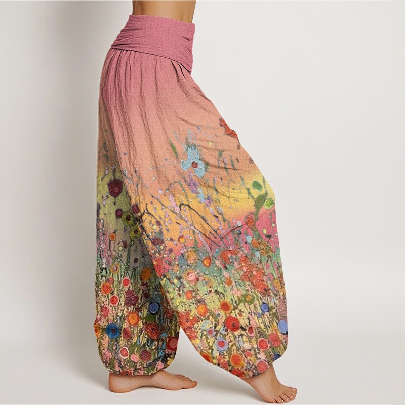Pantaloni harem da donna con elastico in vita, motivo casual con fiori colorati e Buddha Stones, sfondo sfumato - image 3