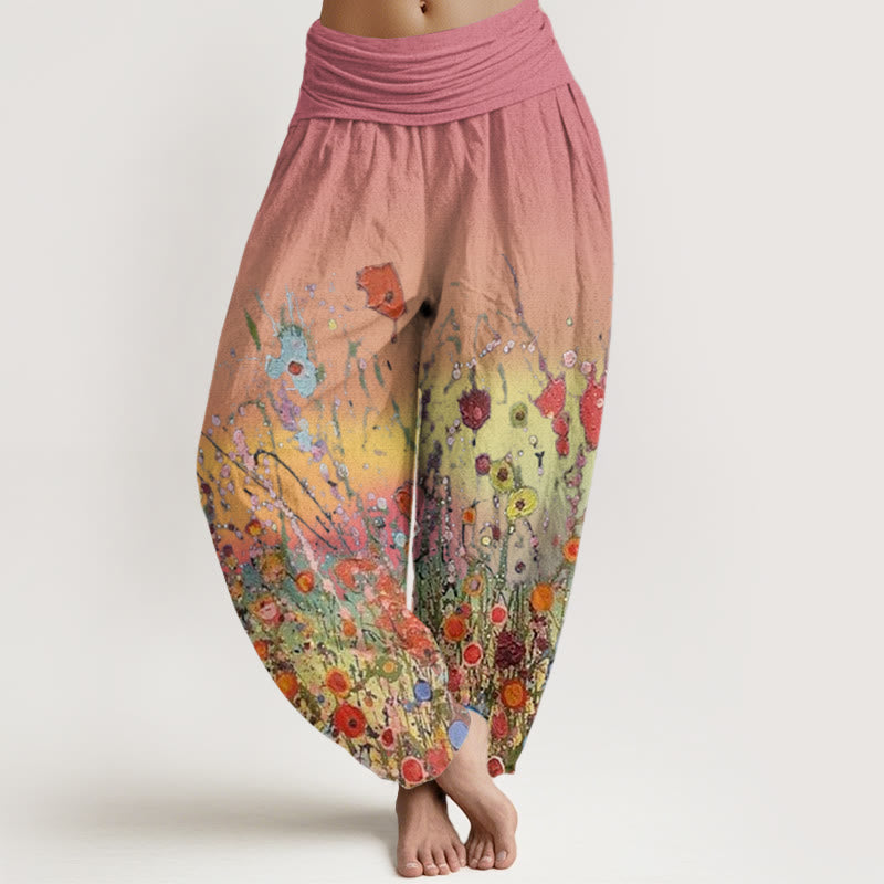 Pantaloni harem da donna con elastico in vita, motivo casual con fiori colorati e Buddha Stones, sfondo sfumato - Corallo chiaro - US22, UK/AU26, EU54 (6XL) - image 1