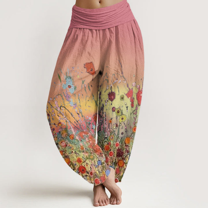 Pantaloni harem da donna con elastico in vita, motivo casual con fiori colorati e Buddha Stones, sfondo sfumato - Corallo chiaro - US22, UK/AU26, EU54 (6XL) - image 1