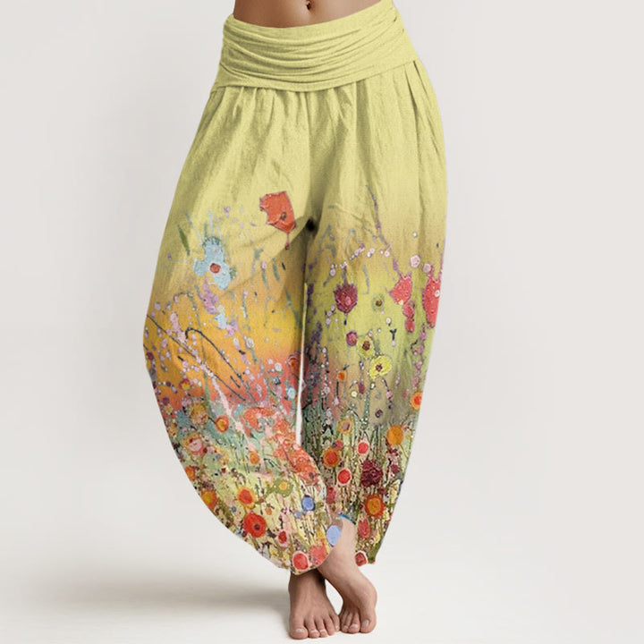Pantaloni harem da donna con elastico in vita, motivo casual con fiori colorati e Buddha Stones, sfondo sfumato - Cachi - US22, UK/AU26, EU54 (6XL) - image 5