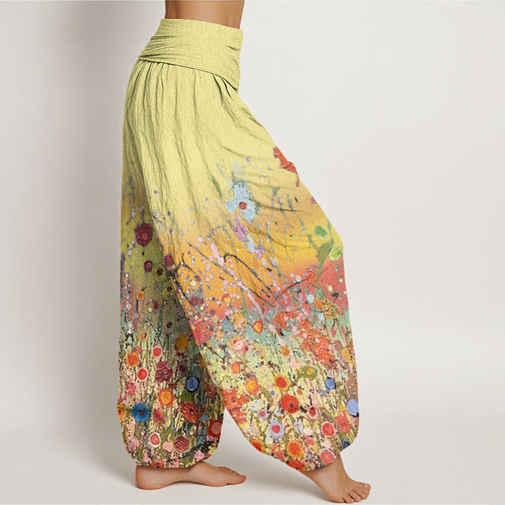 Pantaloni harem da donna con elastico in vita, motivo casual con fiori colorati e Buddha Stones, sfondo sfumato - image 6