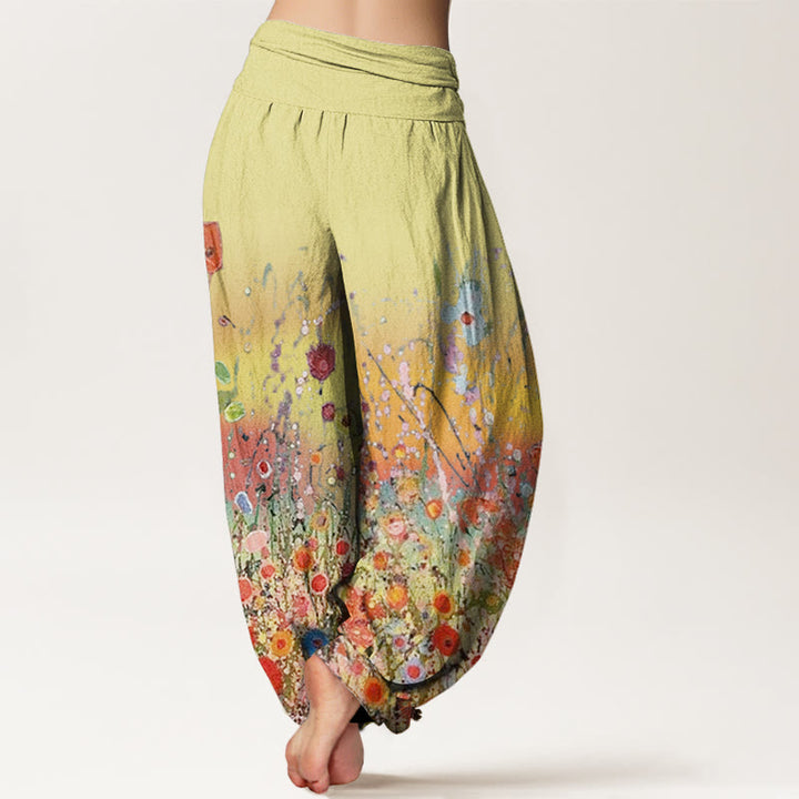 Pantaloni harem da donna con elastico in vita, motivo casual con fiori colorati e Buddha Stones, sfondo sfumato - image 7