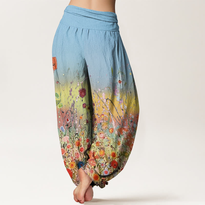 Pantaloni harem da donna con elastico in vita, motivo casual con fiori colorati e Buddha Stones, sfondo sfumato - image 10