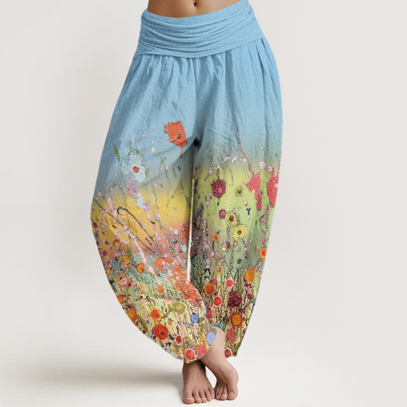 Pantaloni harem da donna con elastico in vita, motivo casual con fiori colorati e Buddha Stones, sfondo sfumato - AzzurroCielo Chiaro - US22, UK/AU26, EU54 (6XL) - image 8