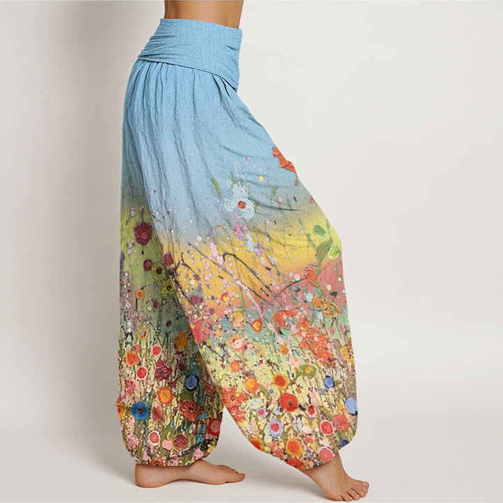 Pantaloni harem da donna con elastico in vita, motivo casual con fiori colorati e Buddha Stones, sfondo sfumato - image 9