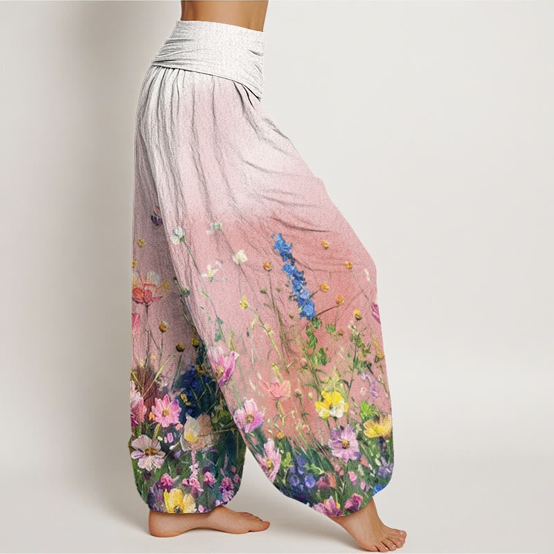 Pantaloni harem da donna con elastico in vita, stile casual acquerello e motivo floreale, motivo Buddha Stones - image 2