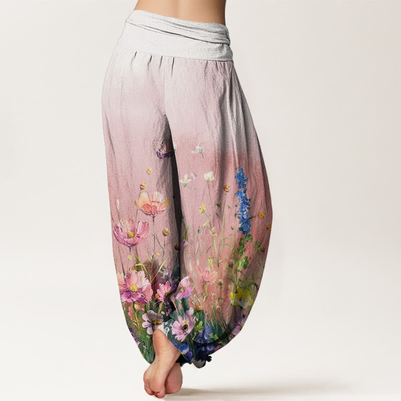 Pantaloni harem da donna con elastico in vita, in cotone, casual, stile acquerello, motivo floreale, motivo Buddha Stones - image 2