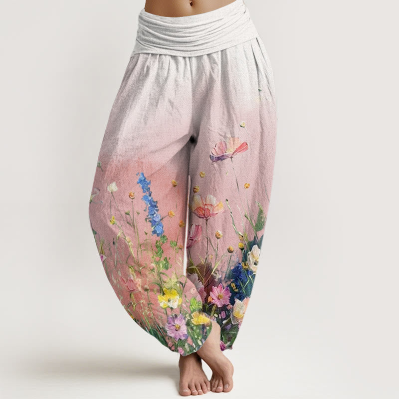 Pantaloni harem da donna con elastico in vita, stile casual acquerello e motivo floreale, motivo Buddha Stones - Rosa - US22, UK/AU26, EU54 (6XL) - image 1