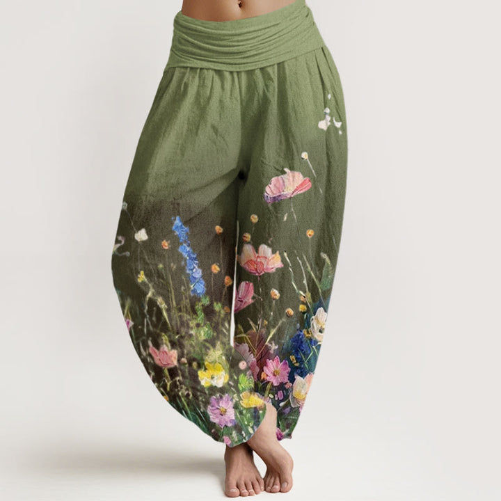 Pantaloni harem da donna con elastico in vita, in cotone, casual, stile acquerello, motivo floreale, motivo Buddha Stones - Verde oliva - US22, UK/AU26, EU54 (6XL) - image 4