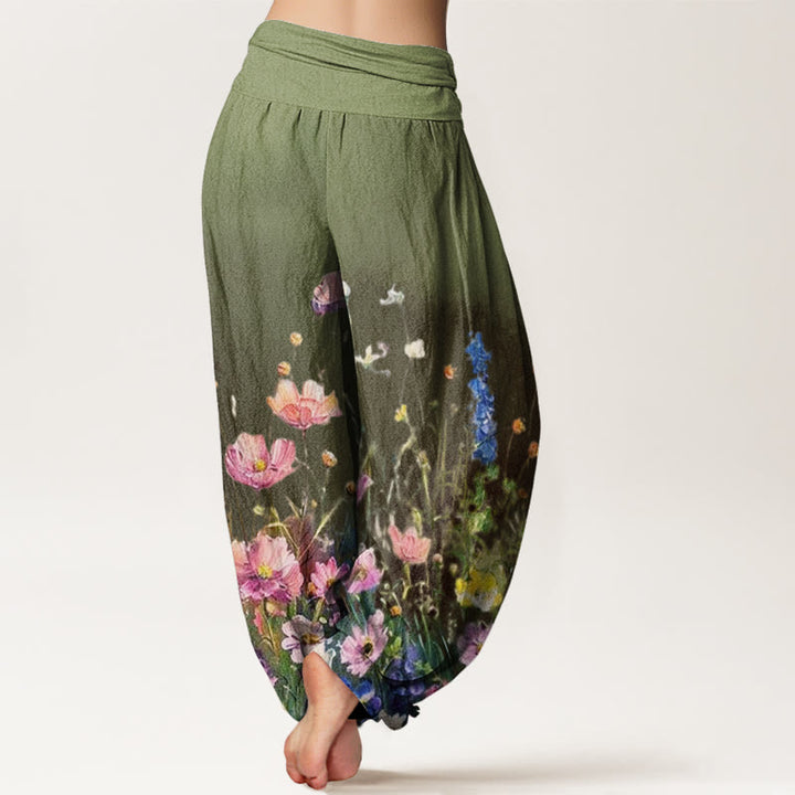 Pantaloni harem da donna con elastico in vita, stile casual acquerello e motivo floreale, motivo Buddha Stones - image 7