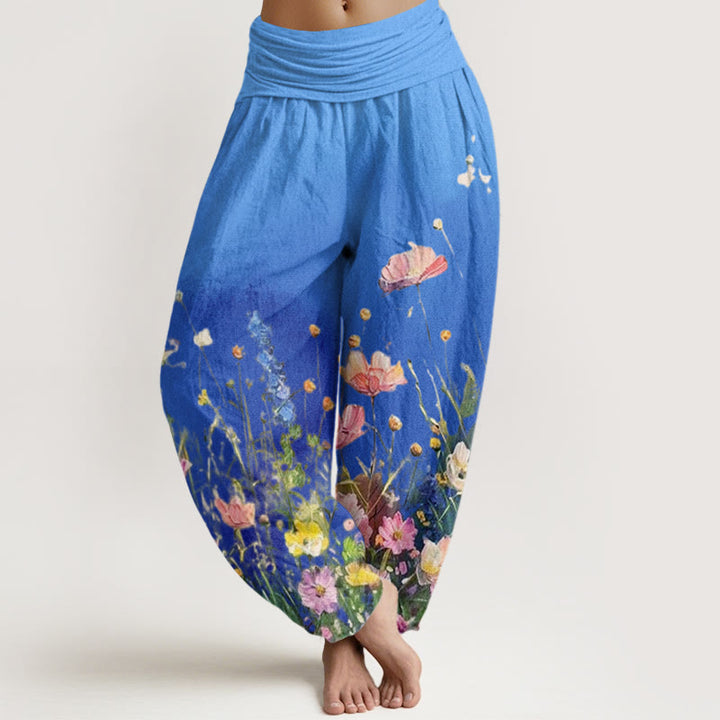 Pantaloni harem da donna con elastico in vita, in cotone, casual, stile acquerello, motivo floreale, motivo Buddha Stones - DodgerBlue - US22, UK/AU26, EU54 (6XL) - image 7