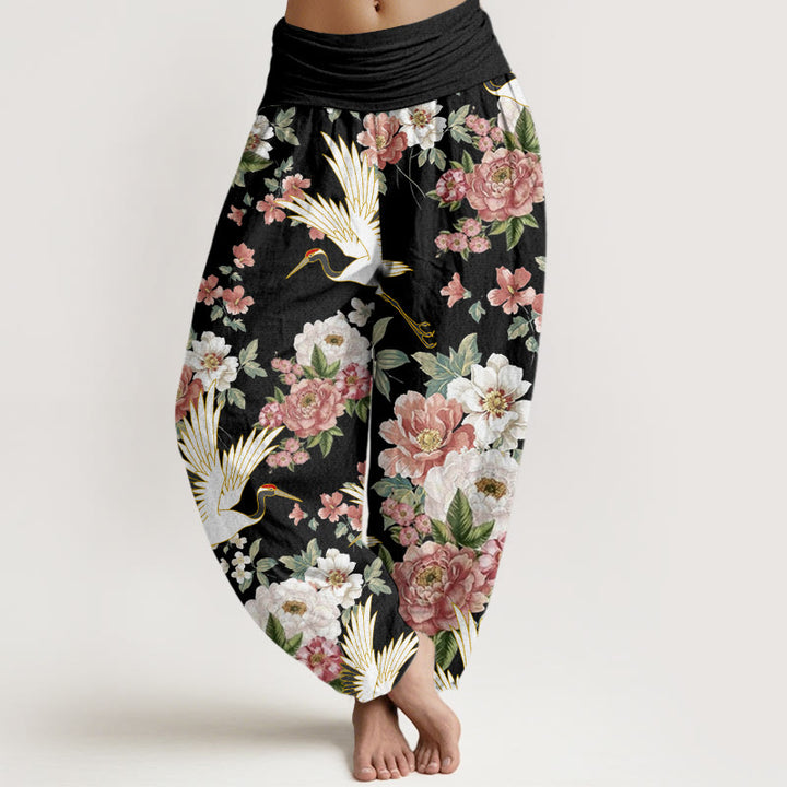 Pantaloni harem da donna con elastico in vita, motivo Buddha Stones Casual Cranes Blooming Peony - Nero - US22, UK/AU26, EU54 (6XL) - image 1