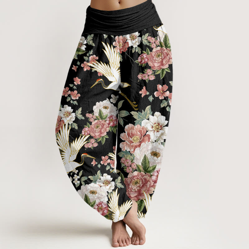 Pantaloni harem da donna con elastico in vita, in cotone, casual, motivo gru e peonie in fiore, motivo Buddha Stones - Nero - US22, UK/AU26, EU54 (6XL) - image 0