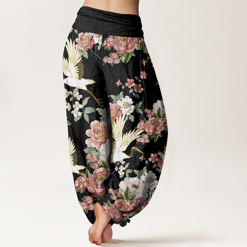 Pantaloni harem da donna con elastico in vita, in cotone, casual, motivo gru e peonie in fiore, motivo Buddha Stones - image 2