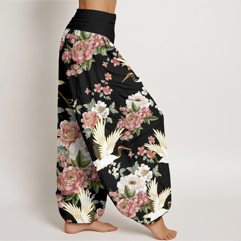 Pantaloni harem da donna con elastico in vita, motivo Buddha Stones Casual Cranes Blooming Peony - image 1