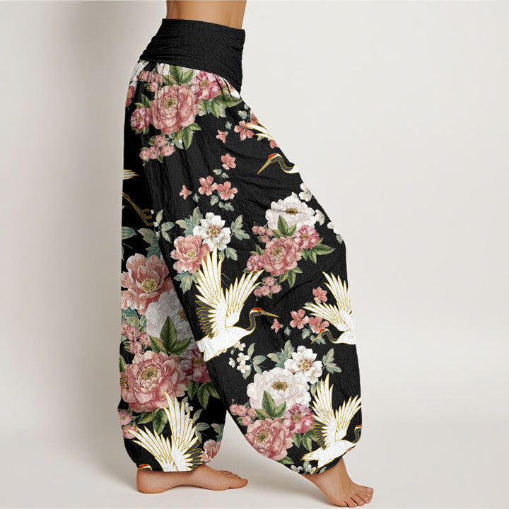 Pantaloni harem da donna con elastico in vita, in cotone, casual, motivo gru e peonie in fiore, motivo Buddha Stones - image 1