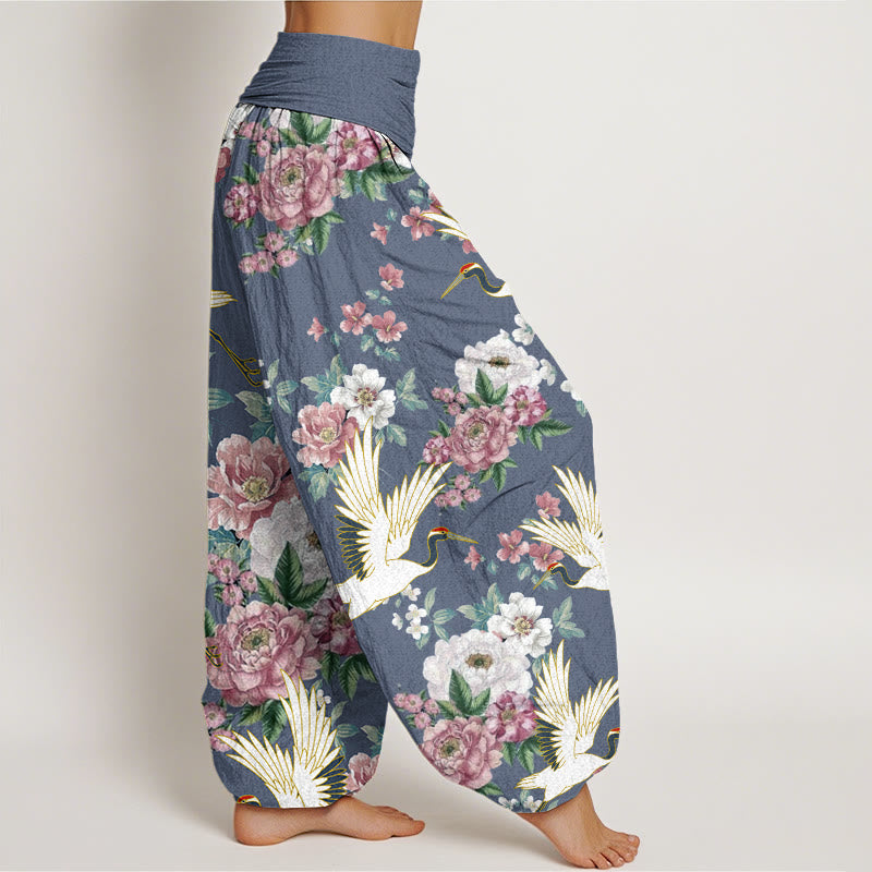 Pantaloni harem da donna con elastico in vita, in cotone, casual, motivo gru e peonie in fiore, motivo Buddha Stones - image 5