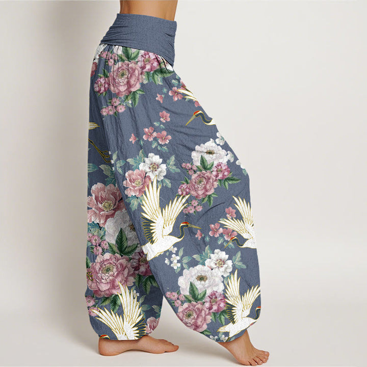 Pantaloni harem da donna con elastico in vita, in cotone, casual, motivo gru e peonie in fiore, motivo Buddha Stones - image 5