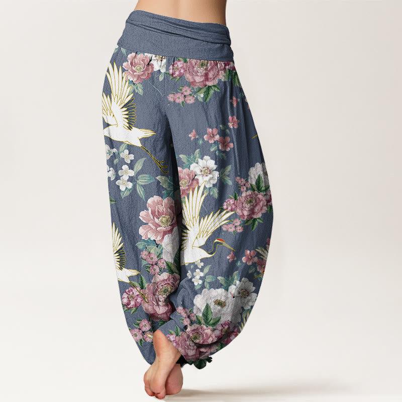 Pantaloni harem da donna con elastico in vita, in cotone, casual, motivo gru e peonie in fiore, motivo Buddha Stones - image 6