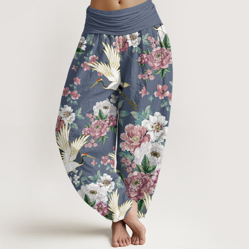 Pantaloni harem da donna con elastico in vita, in cotone, casual, motivo gru e peonie in fiore, motivo Buddha Stones - FiordalisoBlu - US22, UK/AU26, EU54 (6XL) - image 4