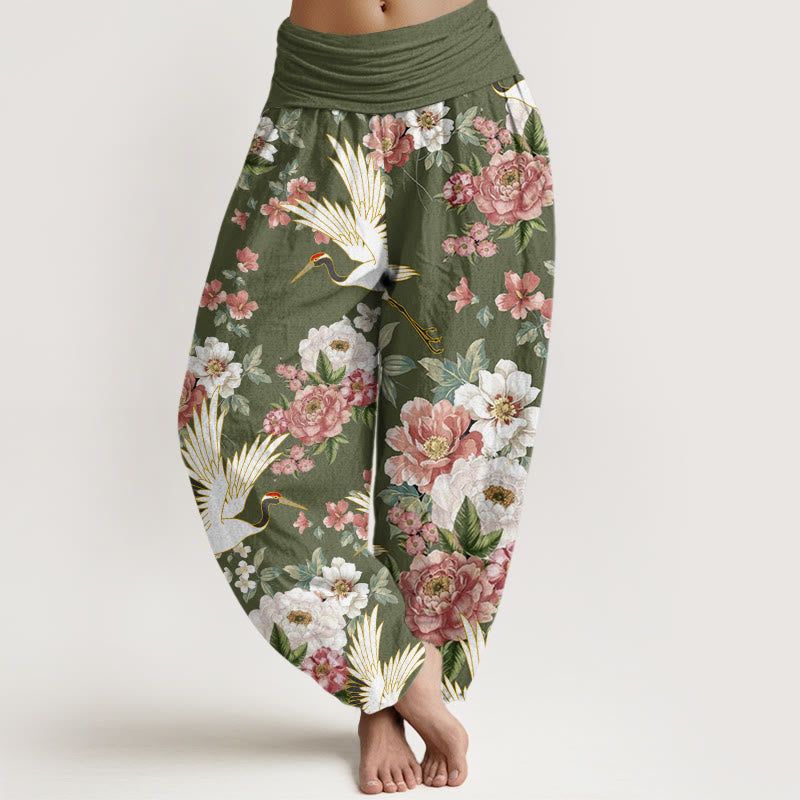 Pantaloni harem da donna con elastico in vita, in cotone, casual, motivo gru e peonie in fiore, motivo Buddha Stones - Verde oliva - US22, UK/AU26, EU54 (6XL) - image 7