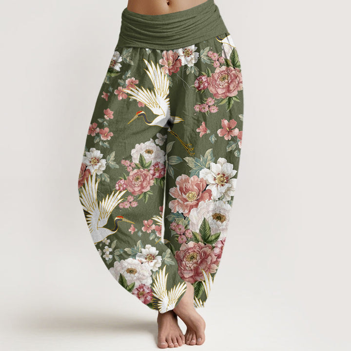 Pantaloni harem da donna con elastico in vita, in cotone, casual, motivo gru e peonie in fiore, motivo Buddha Stones - Verde oliva - US22, UK/AU26, EU54 (6XL) - image 7