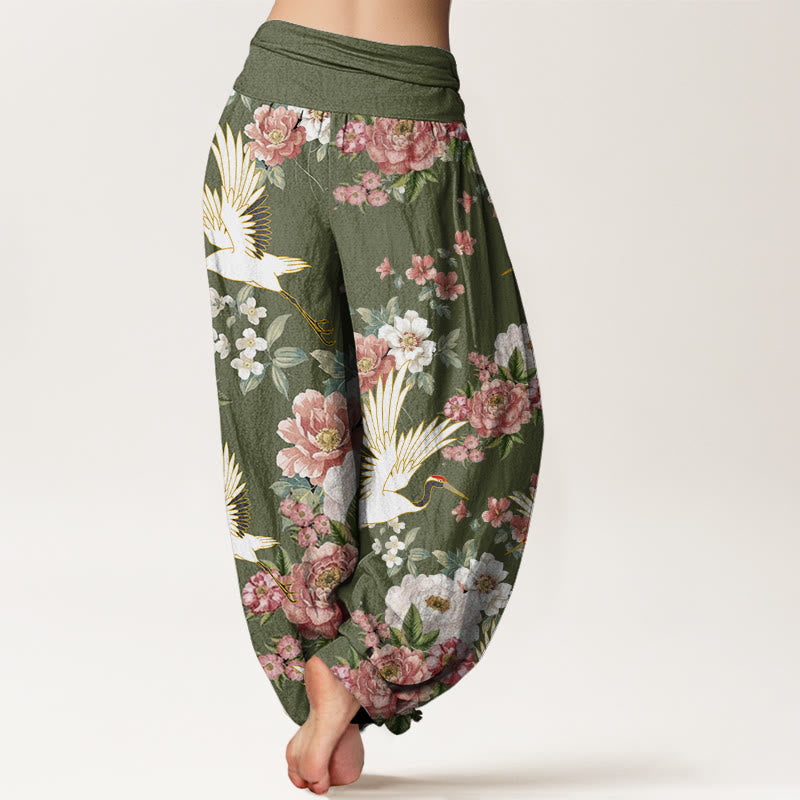 Pantaloni harem da donna con elastico in vita, in cotone, casual, motivo gru e peonie in fiore, motivo Buddha Stones - image 9