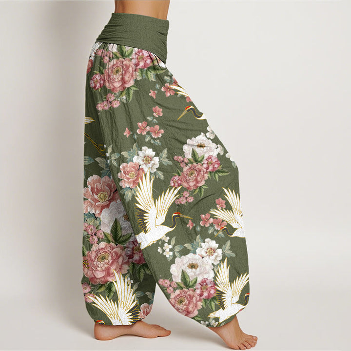Pantaloni harem da donna con elastico in vita, in cotone, casual, motivo gru e peonie in fiore, motivo Buddha Stones - image 8