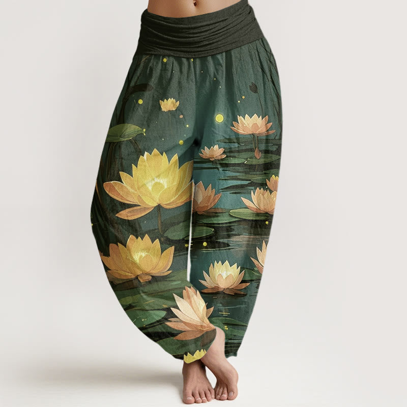 Pantaloni harem da donna con elastico in vita, modello Buddha Stones, casual, pacifici e notturni, motivo loto - Verde scuro - US22, UK/AU26, EU54 (6XL) - image 8
