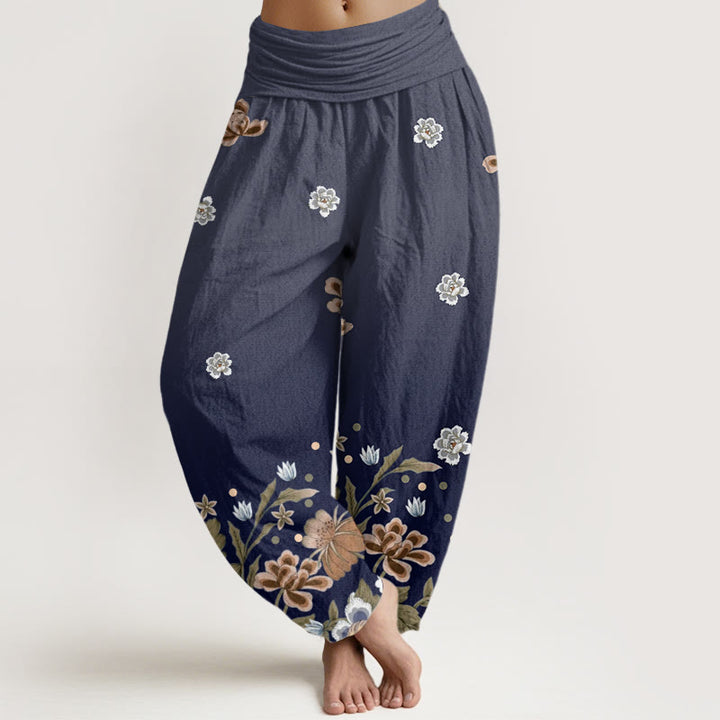 Pantaloni harem da donna con elastico in vita, in cotone, casual, con motivo floreale in fiore, motivo Buddha Stones - Marina - US22, UK/AU26, EU54 (6XL) - image 0