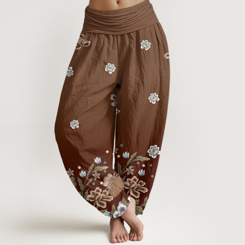 Pantaloni harem da donna con elastico in vita e motivo floreale casual con Buddha Stones - Marrone sella - US22, UK/AU26, EU54 (6XL) - image 5