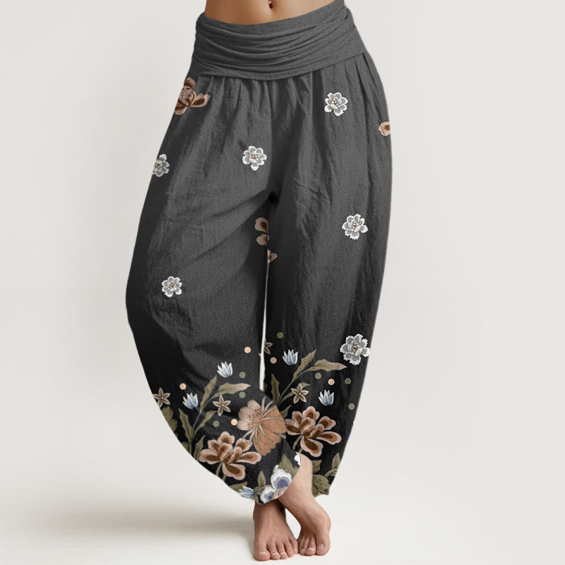 Pantaloni harem da donna con elastico in vita e motivo floreale casual con Buddha Stones - Nero - US22, UK/AU26, EU54 (6XL) - image 8