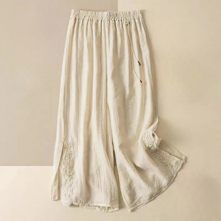 Pantaloni larghi da donna in cotone e lino con coulisse, con tasche, motivo ricamo retrò casual Buddha Stones