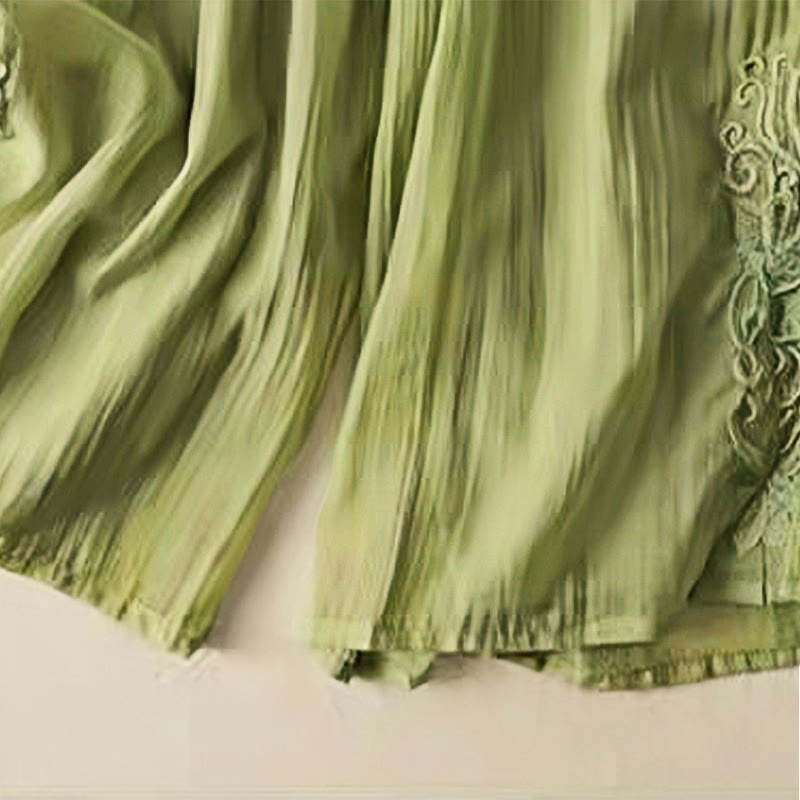 Pantaloni larghi da donna in cotone e lino con coulisse, con tasche, motivo ricamo retrò casual Buddha Stones