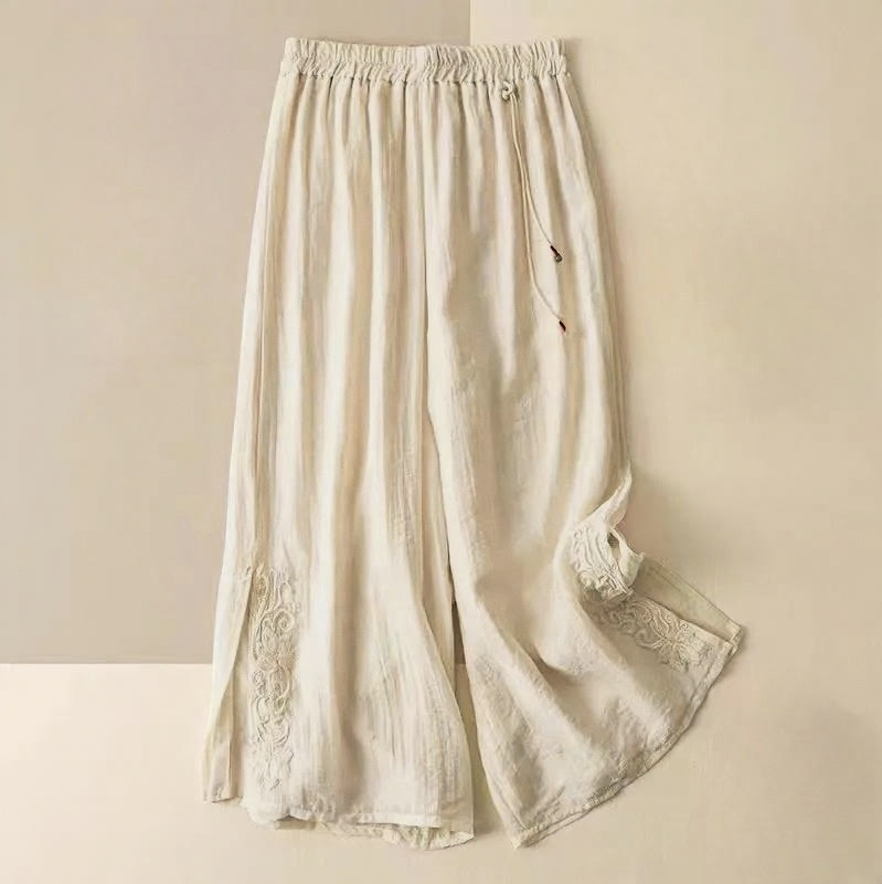Pantaloni larghi da donna in cotone e lino con coulisse, con tasche, motivo ricamo retrò casual Buddha Stones - Biancheria - US12, UK/AU16, EU44 (3XL) - image 0